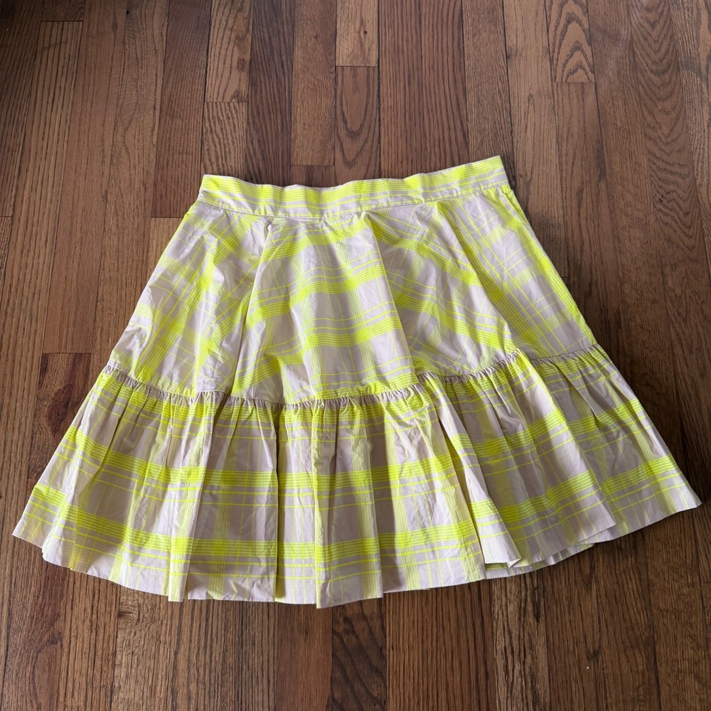 H&M Neon Yellow Plaid Tiered Ruffle Mini Skirt Flared Check Pockets Size 8 - Picture 9 of 11